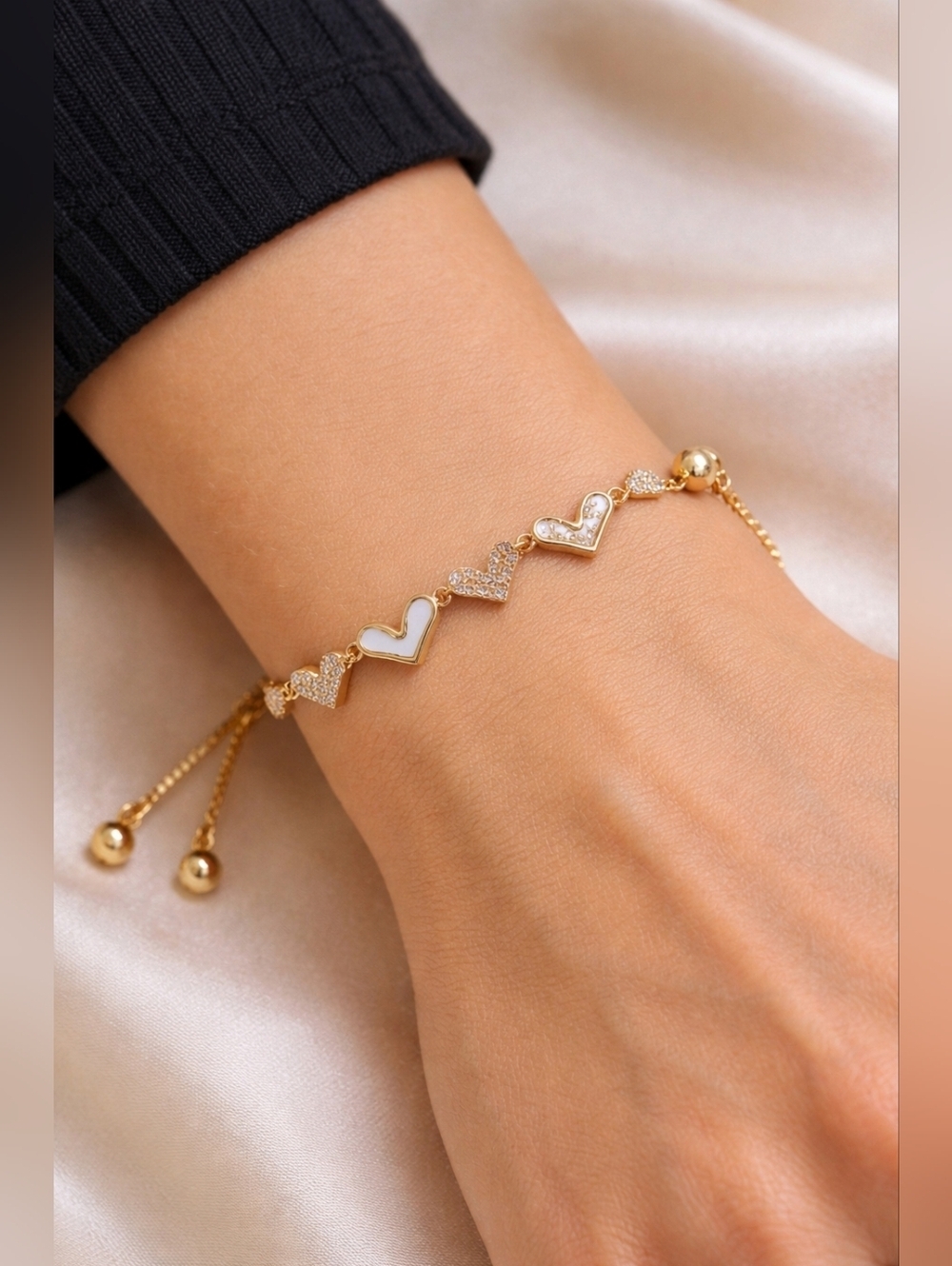 Gold Heart Charm Bracelet Rhinestone Inlaid Adjustable Chain